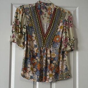Anthropologie Bl^Nk London Floral V-Neck Blouse with Ruffle Sleeves